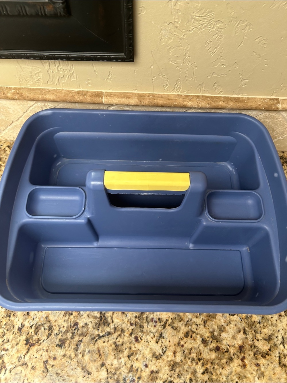 Blue Plastic Utensil and Cutlery Caddy with Yellow Handle